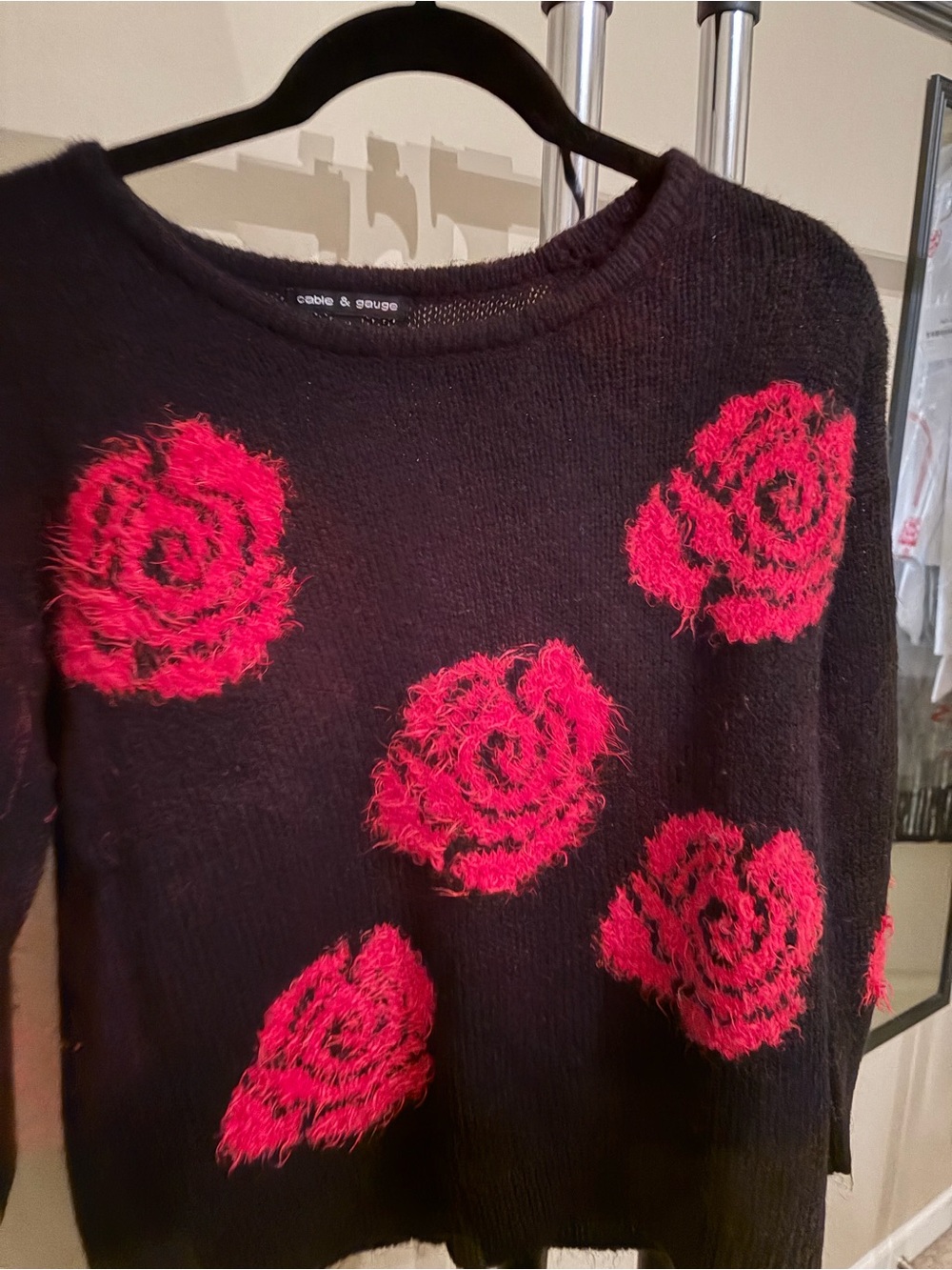 Cable & Gauge Black Crewneck Sweater with Bright Red Rose Appliqués
